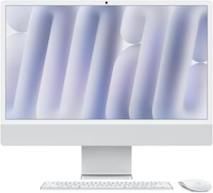 Computadora de escritorio con pantalla panorámica, teclado inalámbrico y ratón sobre fondo blanco.