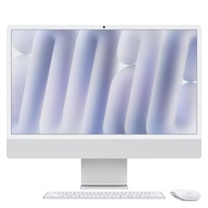 Computadora de escritorio con pantalla, teclado y ratón inalámbricos sobre fondo blanco.