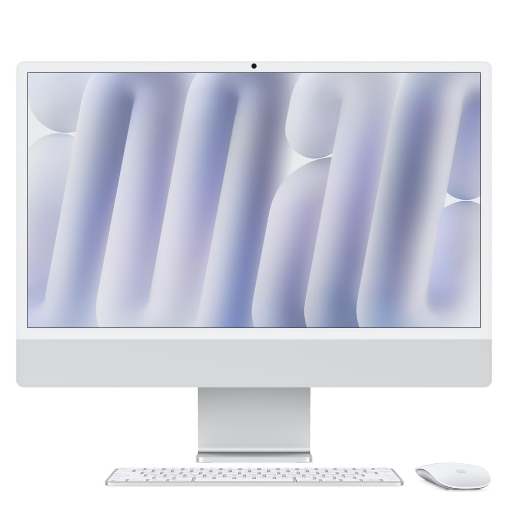 Computadora de escritorio todo en uno Computadora de escritorio con pantalla, teclado y ratón inalámbricos sobre fondo blanco.
