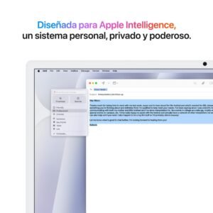 Pantalla de Mac mostrando herramientas de escritura de Apple Intelligence sobre un correo electrónico.