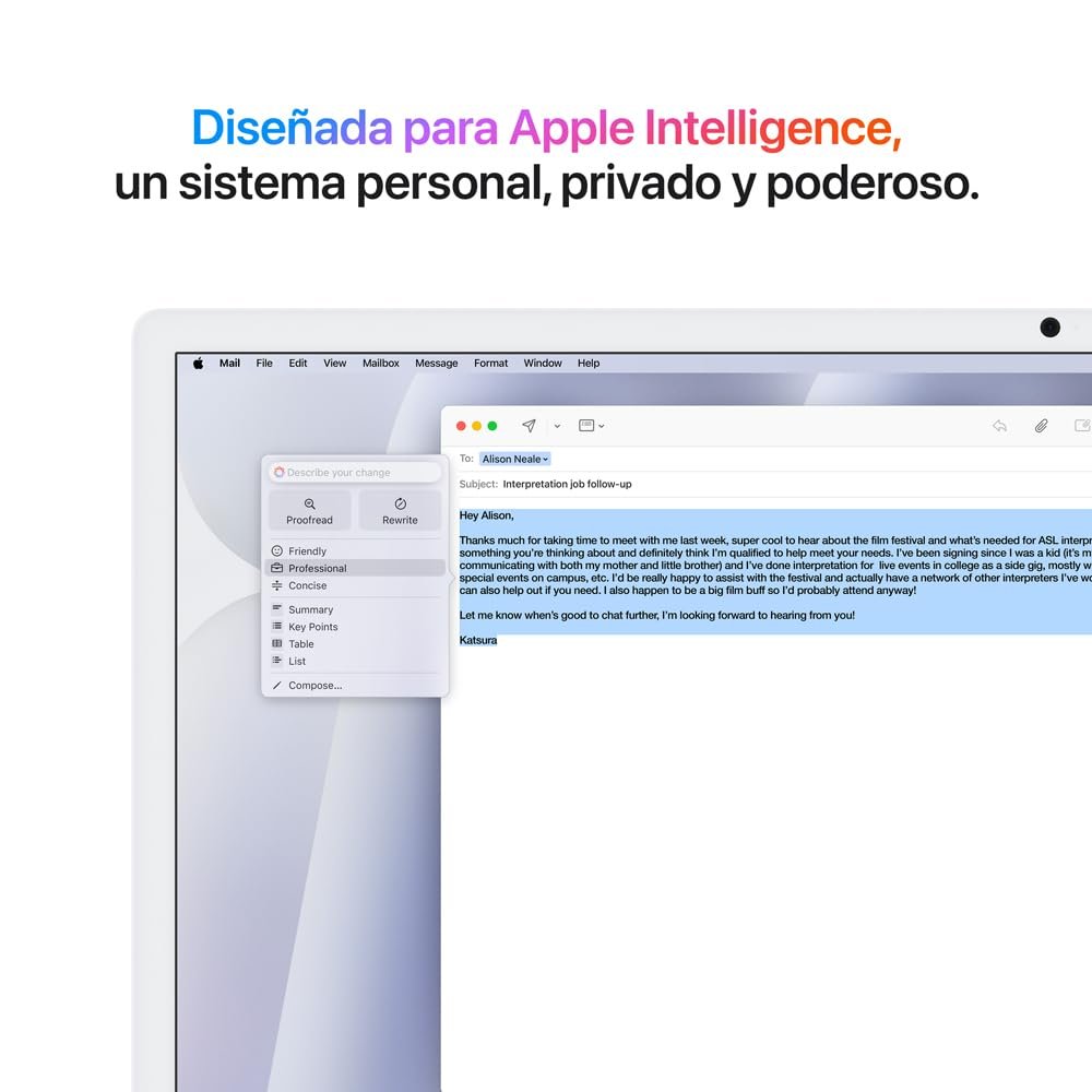 Apple Intelligence en Mac Pantalla de Mac mostrando herramientas de escritura de Apple Intelligence sobre un correo electrónico.