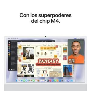 Pantalla de iMac mostrando una videollamada y una aplicación de diseño de juegos.