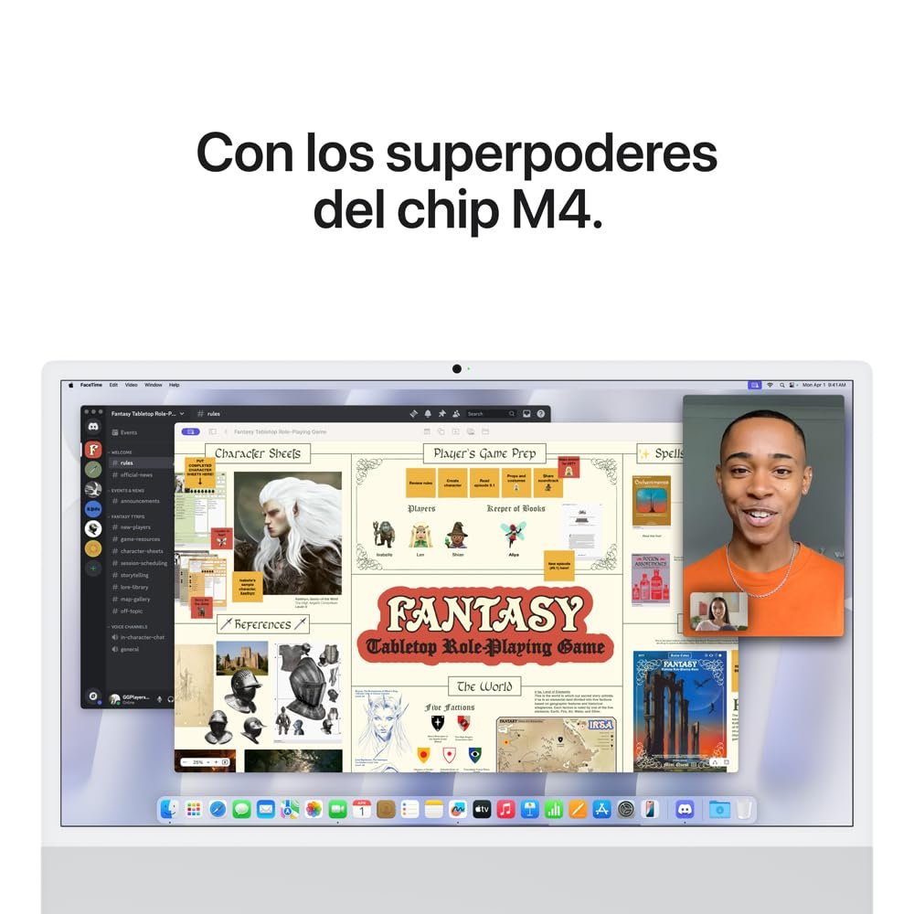 Pantalla de iMac con chip M4 Pantalla de iMac mostrando una videollamada y una aplicación de diseño de juegos.
