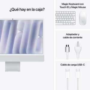 Imagen mostrando el iMac, teclado, ratón, adaptador de corriente y cable de carga incluidos.