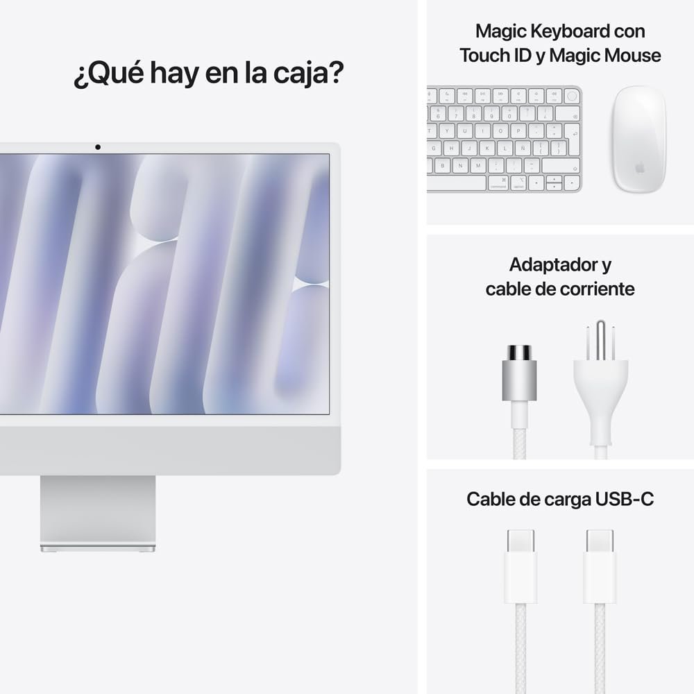 Contenido de la caja iMac Imagen mostrando el iMac, teclado, ratón, adaptador de corriente y cable de carga incluidos.