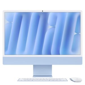 Computadora azul con teclado y ratón inalámbricos sobre fondo blanco.
