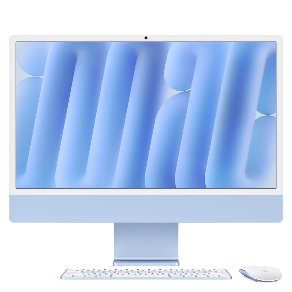 Computadora de escritorio todo en uno Computadora azul con teclado y ratón inalámbricos sobre fondo blanco.