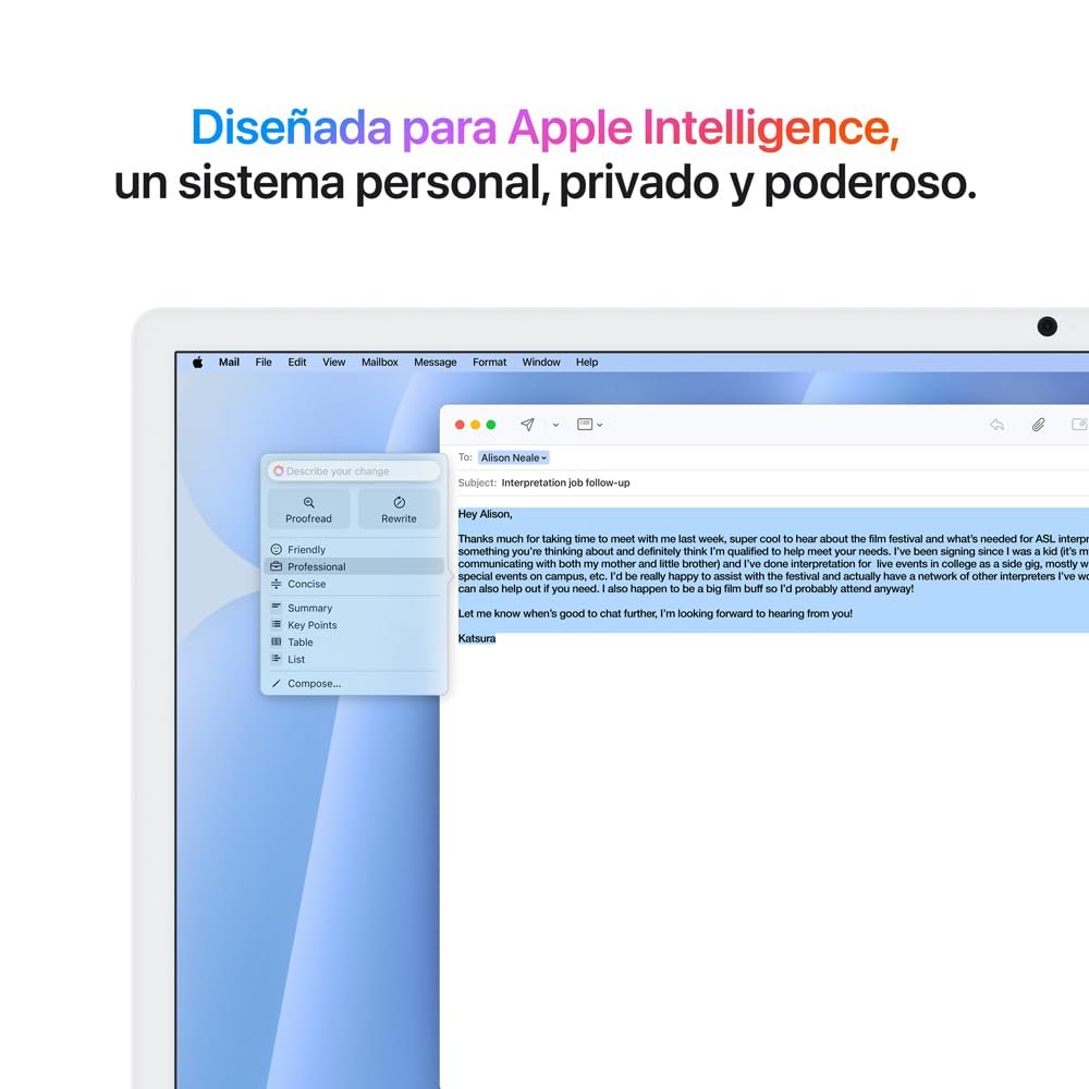 Apple Intelligence en Mail Interfaz de correo electrónico en Mac mostrando herramientas de escritura de Apple Intelligence.