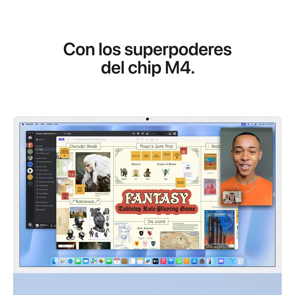 Pantalla de Mac con chip M4 Pantalla de computadora mostrando una videollamada y una aplicación de diseño de juegos.