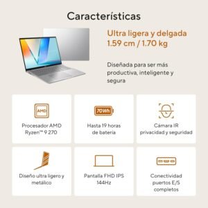ASUS Vivobook S16 2025, AMD Ryzen 9 270/NPU 16 TOPS/16GB RAM/512GB SSD/CargaRapida USB-C 65W/Camara con Rconocimiento Facial/Garantia y Servicio con la Marca en Mexico