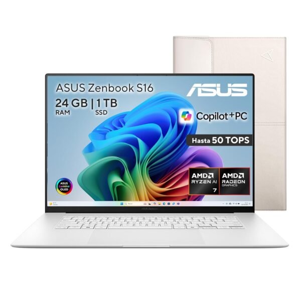Laptop ASUS Zenbook S16 abierta con pantalla encendida y funda protectora detrás.
