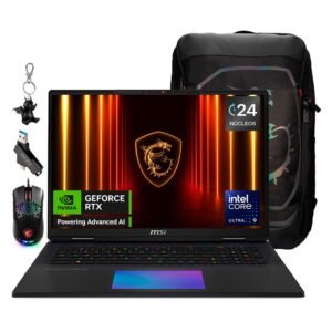 Laptop MSI con accesorios, mouse, memoria USB, llavero y mochila negra de transporte.