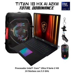 Laptop MSI Titan 18 HX con mochila, mouse, memoria USB y llavero de dragón.