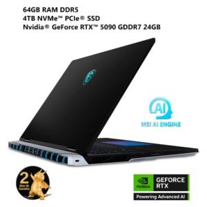 Laptop MSI negra vista de perfil con especificaciones de hardware y logotipos de garantía.