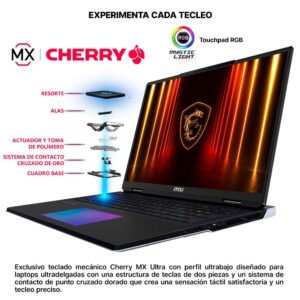Laptop MSI mostrando componentes internos de un interruptor de teclado mecánico Cherry MX.