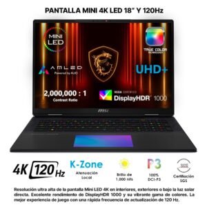 Laptop MSI mostrando especificaciones técnicas de pantalla Mini LED 4K y 120Hz.