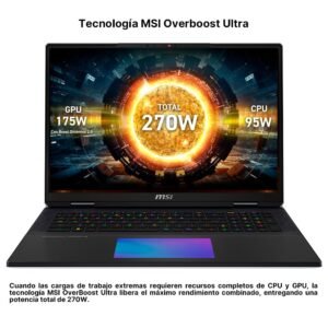 Laptop MSI mostrando gráfico de rendimiento combinado de 270W para CPU y GPU.