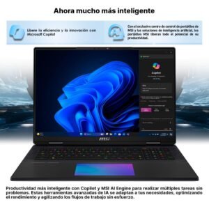 Portátil MSI mostrando interfaz de Windows 11 con panel de Microsoft Copilot abierto.
