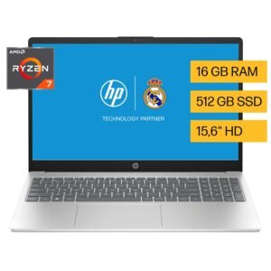 HP Laptop 15-fc0080la, AMD Ryzen 7, 16 GB, 512 GB SSD, 15.6, HD, Windows 11 Home, Teclado en Español, Garantía México, Plateado | Microsoft 365 Personal 12 Meses + Curso...