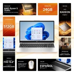 HP Laptop 255 G10 AMD Ryzen 5 7530U 24GB RAM 512GB SSD 15.6" Windows 11 Home Teclado en Español + Mouse DXT