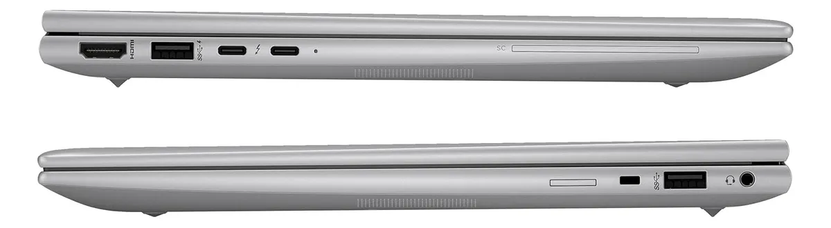 Puertos laterales de laptop plateada Vistas laterales de laptop plateada mostrando puertos HDMI, USB, Thunderbolt y ranura para tarjetas.