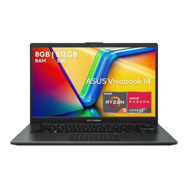 Laptop ASUS Vivobook 14 abierta mostrando pantalla con especificaciones técnicas y teclado negro.
