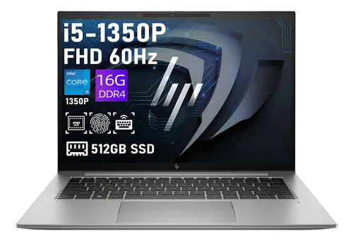 Laptop HP con especificaciones técnicas Laptop HP plateada mostrando pantalla con procesador i5, 16GB RAM y 512GB SSD.