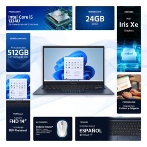 Infografía con las características destacadas de la Laptop Asus Vivobook 14 F1404ZA-I524512: Procesador Intel Core i5-1334U, 24GB de memoria RAM y disco SSD de 512GB.