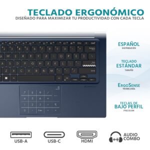 Detalle del teclado ergonómico con distribución en español y los laterales con puertos de conexión USB-C y HDMI de la Laptop Asus Vivobook 14 F1404ZA-I524512.