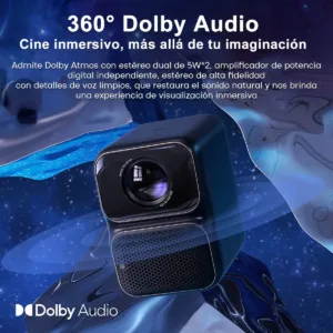 Detalle del chasis y las bocinas estéreo integradas de 5W del mini Proyector portatil Wanbo TT con soporte para tecnología Dolby Audio inmersiva.