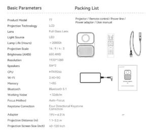 Ficha técnica y contenido de la caja del mini Proyector portatil Wanbo TT, mostrando su adaptador de corriente de 19V, control remoto y parámetros básicos de hardware.