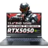 Vista frontal de la laptop Thunderobot 911X promocionando sus especificaciones principales para gaming y diseño: pantalla 165Hz, procesador Intel Core i5 y tarjeta RTX 5050.