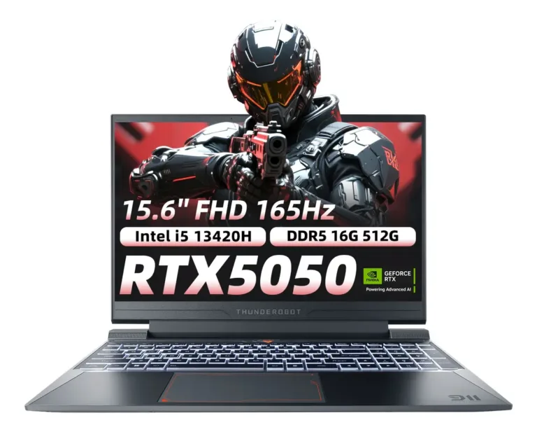 Vista frontal de la laptop Thunderobot 911X promocionando sus especificaciones principales para gaming y diseño: pantalla 165Hz, procesador Intel Core i5 y tarjeta RTX 5050.