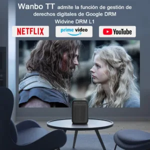 El mini Proyector portatil Wanbo TT reproduciendo películas en plataformas oficiales gracias a su gestión de derechos digitales Widevine DRM L1.