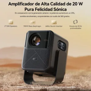 Un primer plano detallado del proyector Wanbo Mozart 1 Pro de color gris oscuro, mostrando su gran lente y rejillas de ventilación. Sobre él, iconos dorados y texto en español describen sus potentes características de audio: altavoces de 20W, diafragma de graves de 90mm y una gran cámara de sonido. Una nota al pie indica que el soporte no está incluido.