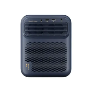 Un primer plano nítido del panel trasero del proyector Wanbo Mozart 1 Pro de color gris oscuro, mostrando claramente sus puertos de conexión: entrada de alimentación DC, un puerto USB, un puerto HDMI y un conector para auriculares de 3.5mm. Las rejillas de ventilación están arriba y abajo de los puertos. El texto "Design By Wanbo" está impreso.