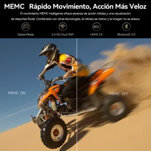 Una imagen dividida que compara la acción fluida y nítida con la tecnología "MEMC ON" (un quad bike claro) versus el desenfoque de movimiento con "MEMC OFF". Iconos dorados en la parte superior muestran características de conectividad como Dual WiFi, HDMI 2.0 y Bluetooth. El texto en español resalta la tecnología MEMC para movimientos rápidos.