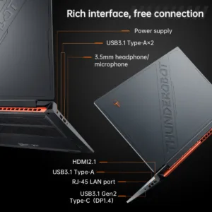 Detalle de las conexiones de la laptop Thunderobot 911X, mostrando puertos USB-A, USB-C, HDMI 2.1, Ethernet RJ-45 y jack de audio.