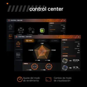 Interfaz del software Control Center de la laptop Thunderobot 911X ajustando el modo de rendimiento, velocidad de ventiladores y estado del CPU/GPU.