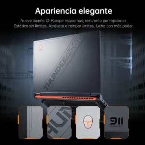 Diseño de la tapa trasera de la laptop Thunderobot 911X en color gris con textura elegante, detalles en naranja y el logotipo de la marca.