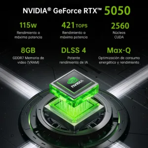 Infografía de las características de la tarjeta de video NVIDIA GeForce RTX 5050 de 8GB y 115W de TGP incluida en la laptop Thunderobot 911X.