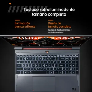 Vista superior del teclado de tamaño completo con retroiluminación blanca y pad numérico de la laptop Thunderobot 911X.