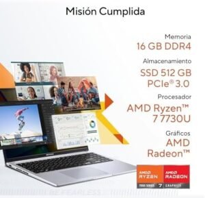 Esquema de componentes internos que muestra la configuración de 16GB de memoria RAM DDR4, almacenamiento SSD de 512GB y procesador AMD Ryzen 7 7730U.