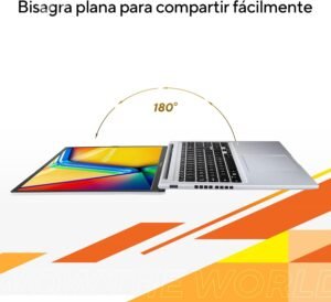 Computadora portátil completamente extendida sobre una mesa gracias a su bisagra plana con apertura de 180 grados para compartir pantalla fácilmente.