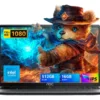 Vista frontal de la Laptop AOC CLPLX150AMX1654 abierta. La pantalla IPS Full HD de 1080p muestra un colorido fondo de un oso mágico y destaca los sellos de sus características: procesador Intel, 16GB de memoria RAM y 512GB de almacenamiento interno.