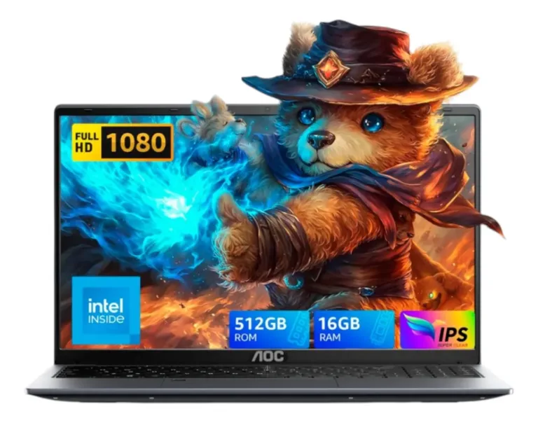 Vista frontal de la Laptop AOC CLPLX150AMX1654 abierta. La pantalla IPS Full HD de 1080p muestra un colorido fondo de un oso mágico y destaca los sellos de sus características: procesador Intel, 16GB de memoria RAM y 512GB de almacenamiento interno.