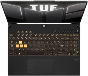 Vista cenital desde arriba de un teclado para videojuegos con bloque numérico dedicado, teclas WASD amarillas transparentes y botón de encendido hexagonal.