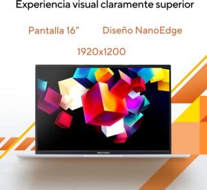 Monitor de 16 pulgadas con diseño de bordes delgados NanoEdge y resolución WUXGA mostrando un fondo de cubos de colores tridimensionales.