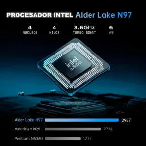 Esquema técnico del procesador Intel Alder Lake N97 de 4 núcleos y 3.6GHz, mostrando una gráfica de rendimiento donde supera a los procesadores Intel N95 y Pentium N5030.
