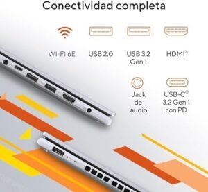 Vista de perfil de los puertos de conectividad que incluye entradas USB 3.2, conector USB-C con Power Delivery, salida HDMI y Jack de audio de 3.5mm.